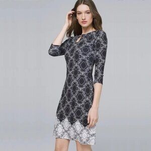 2/$30 White House Black Market Medallion Print Shift Dress Black w Ecru 8 #A0059